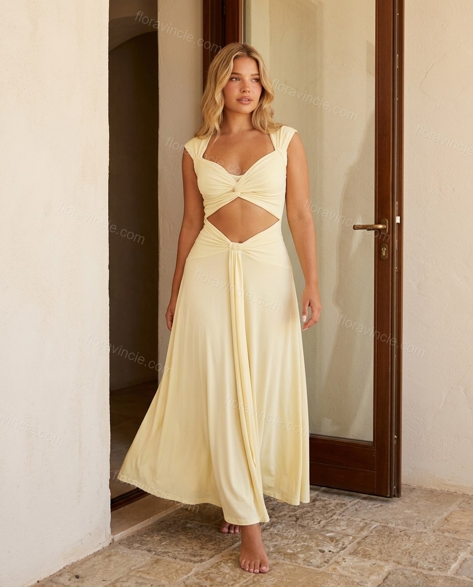 Light Yellow Maxi Knit Dress, full-length hero view, by Floravincie