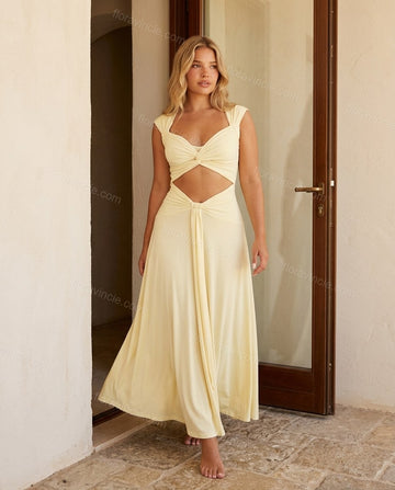 Light Yellow Maxi Knit Dress, full-length hero view, by Floravincie