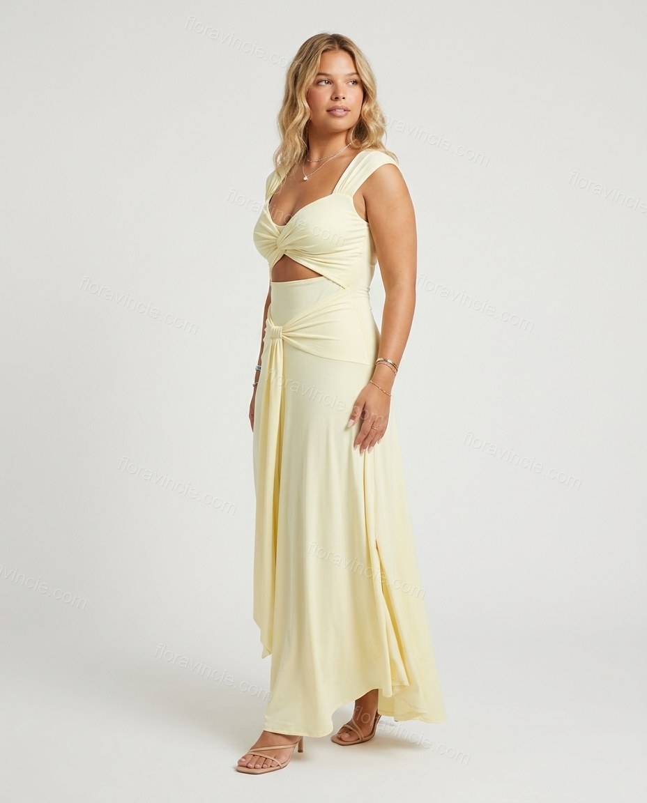 Light Yellow Maxi Knit Dress, side and back studio view, by Floravincie