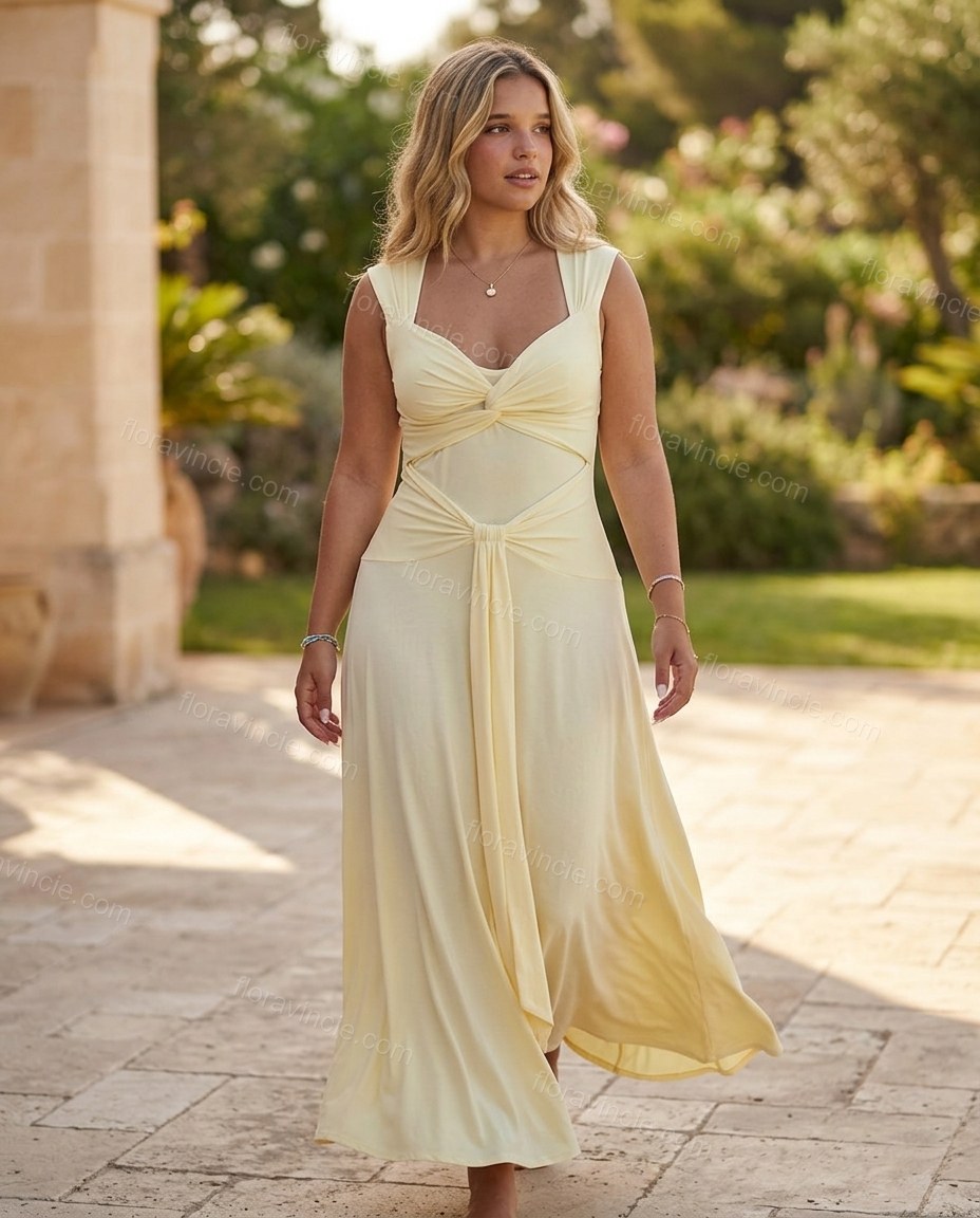 Light Yellow Maxi Knit Dress, movement and fit lifestyle view, by Floravincie
