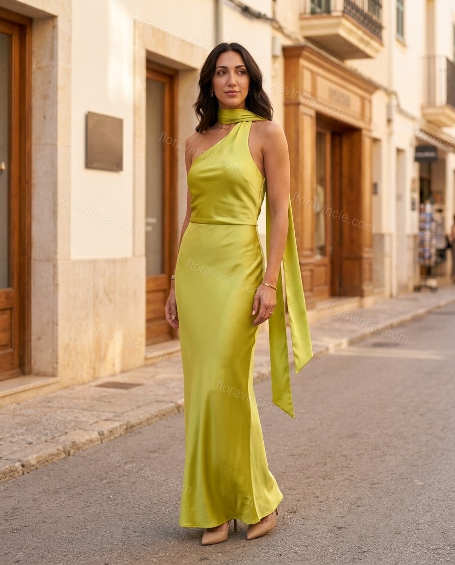 Lime Green Maxi Halter One-Shoulder Dress, three-quarter brand lifestyle view, by Floravincie