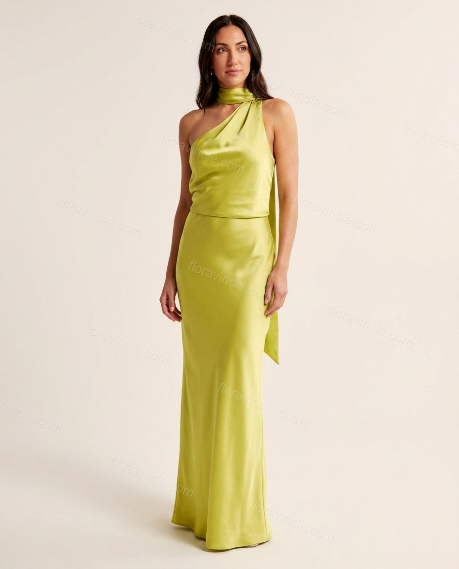 Lime Green Maxi Halter One-Shoulder Dress, front studio view, by Floravincie