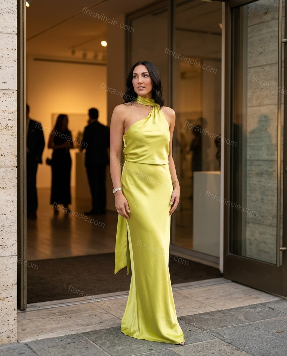 Lime Green Maxi Halter One-Shoulder Dress, alternate use-case lifestyle view, by Floravincie