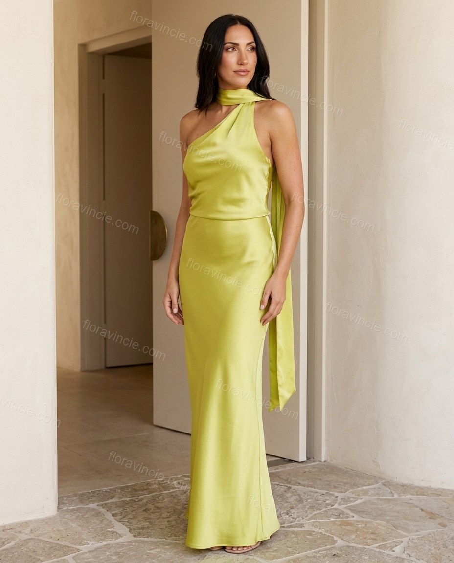 Lime Green Maxi Halter One-Shoulder Dress, full-length hero view, by Floravincie
