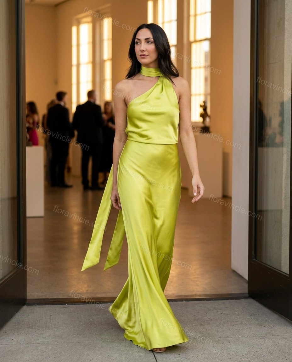 Lime Green Maxi Halter One-Shoulder Dress, walking lifestyle view, by Floravincie