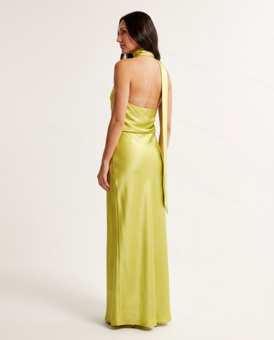 Lime Green Maxi Halter One-Shoulder Dress, back studio view showing smooth back with no visible details, by Floravincie