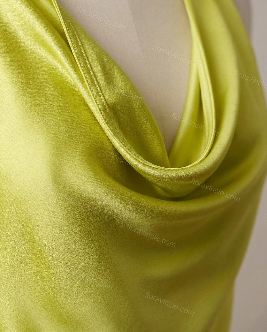Lime Green Maxi Halter One-Shoulder Dress, close-up of halter neck ties, draped bodice and halter neckline, by Floravincie