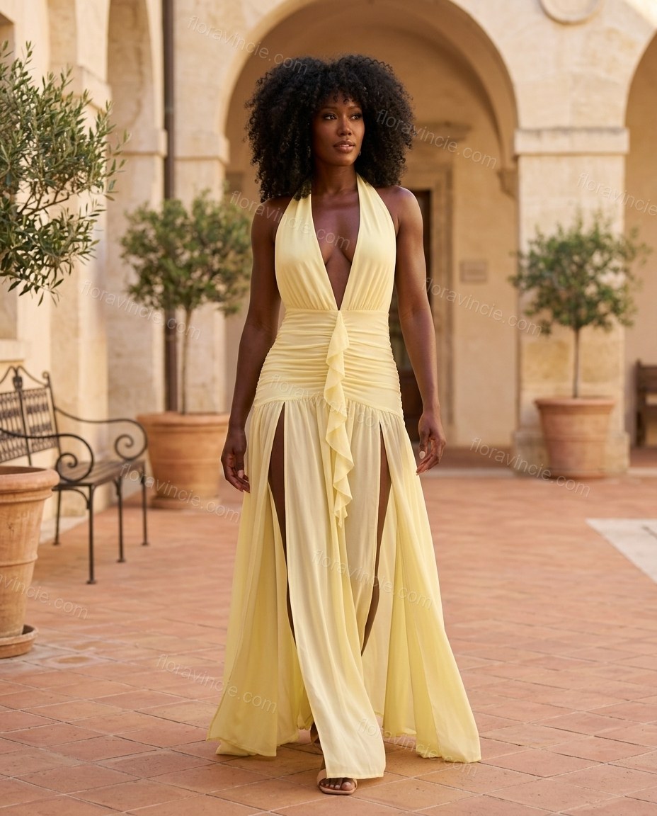 Pale Yellow Maxi Halter Chiffon Dress, alternate use-case lifestyle view, by Floravincie