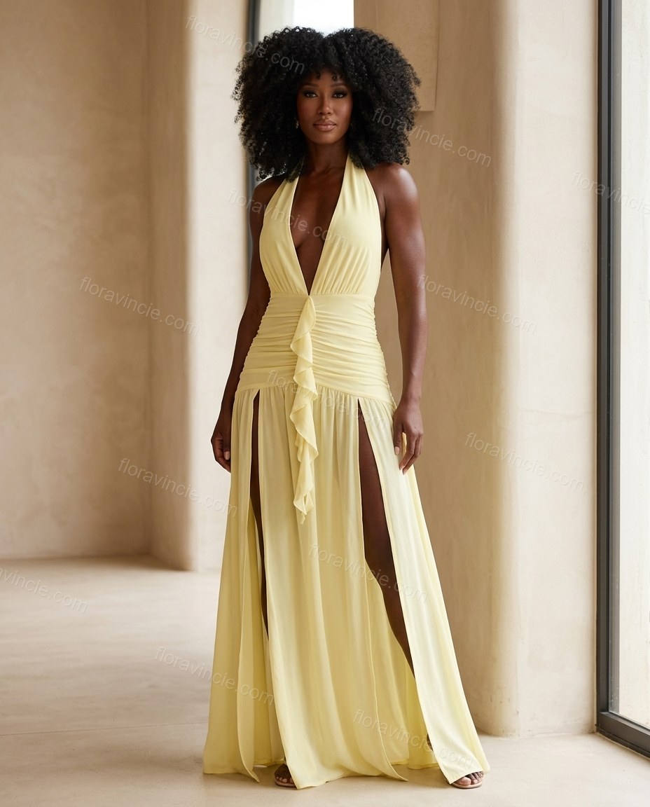 Pale Yellow Maxi Halter Chiffon Dress, full-length hero view, by Floravincie