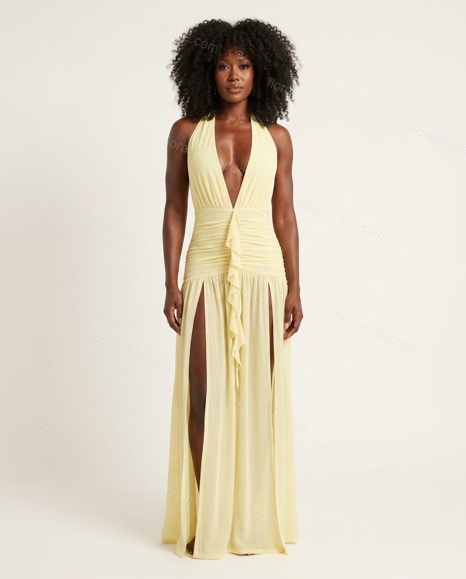 Pale Yellow Maxi Halter Chiffon Dress, front studio view, by Floravincie