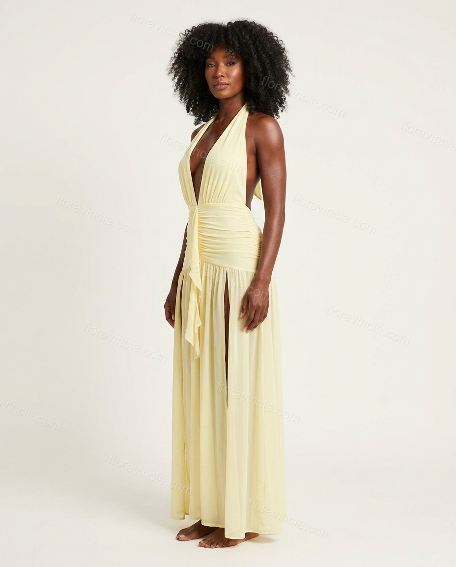 Pale Yellow Maxi Halter Chiffon Dress, side and back studio view, by Floravincie
