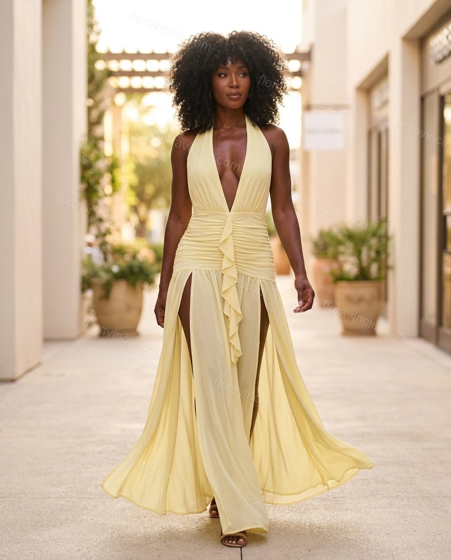 Pale Yellow Maxi Halter Chiffon Dress, movement and fit lifestyle view, by Floravincie