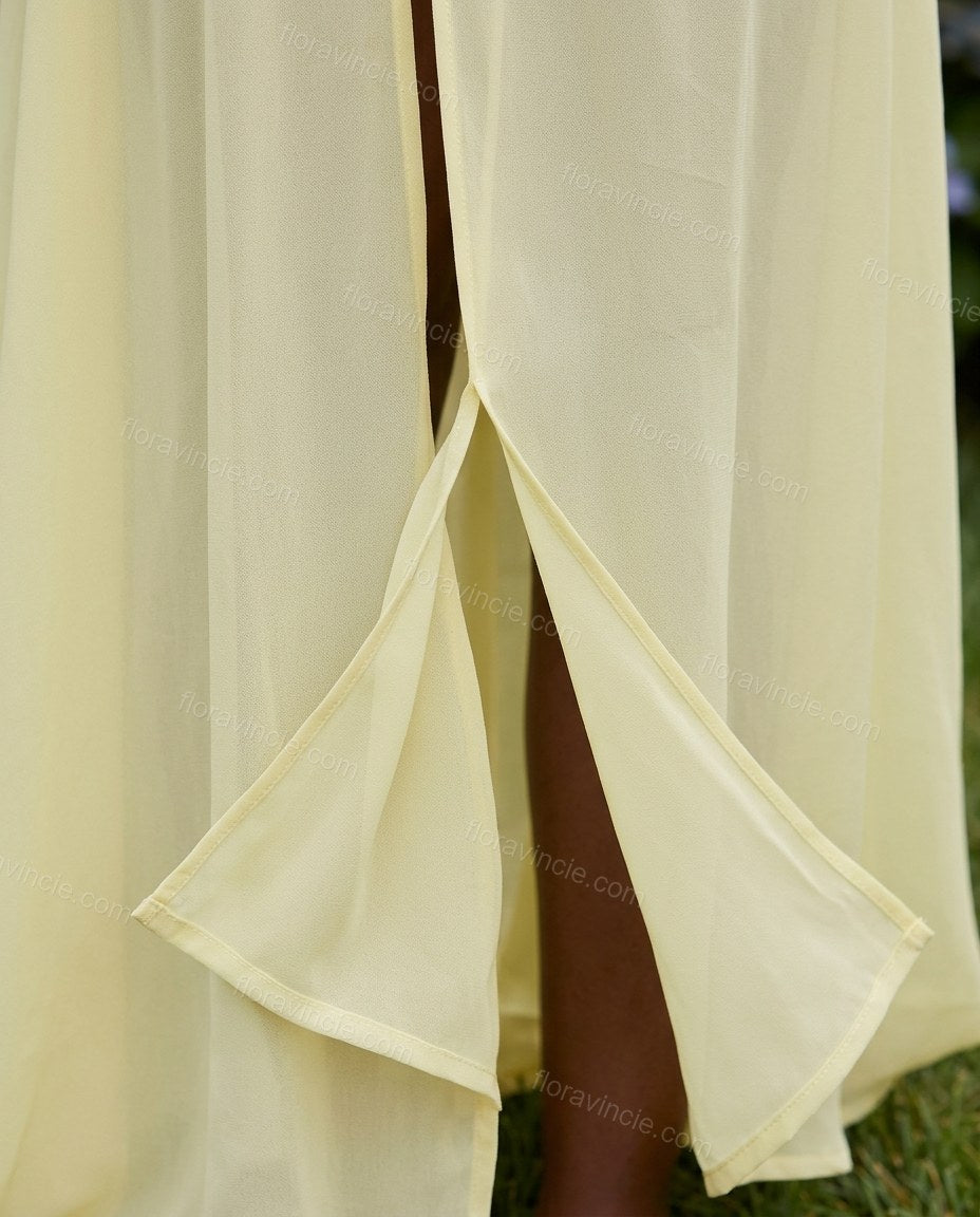 Pale Yellow Maxi Halter Chiffon Dress, close-up of halter tie closure, ruched bodice and drawstring detail at front, by Floravincie
