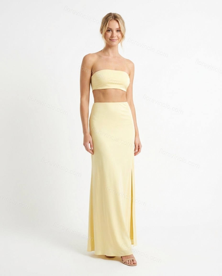 Pale Yellow Maxi Strapless Satin Skirt Set, front studio view, by Floravincie