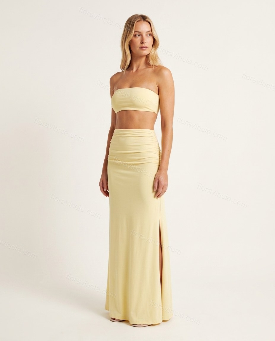 Pale Yellow Maxi Strapless Satin Skirt Set, side and back studio view, by Floravincie
