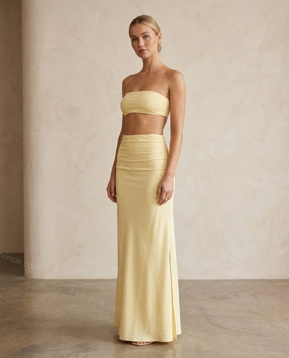 Pale Yellow Maxi Strapless Satin Skirt Set, full-length hero view, by Floravincie