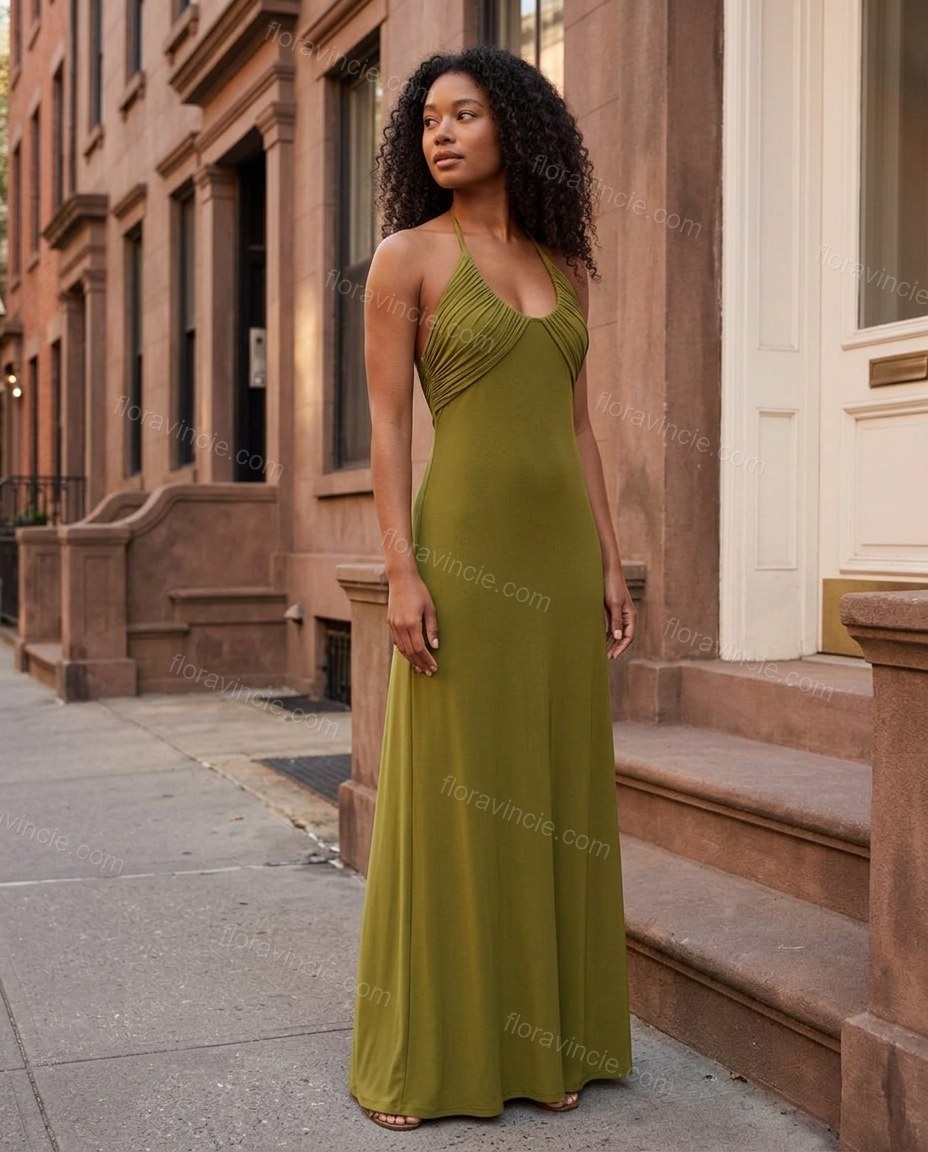 Olive Green Maxi Open-Back Halter Dress, alternate use-case lifestyle view, by Floravincie