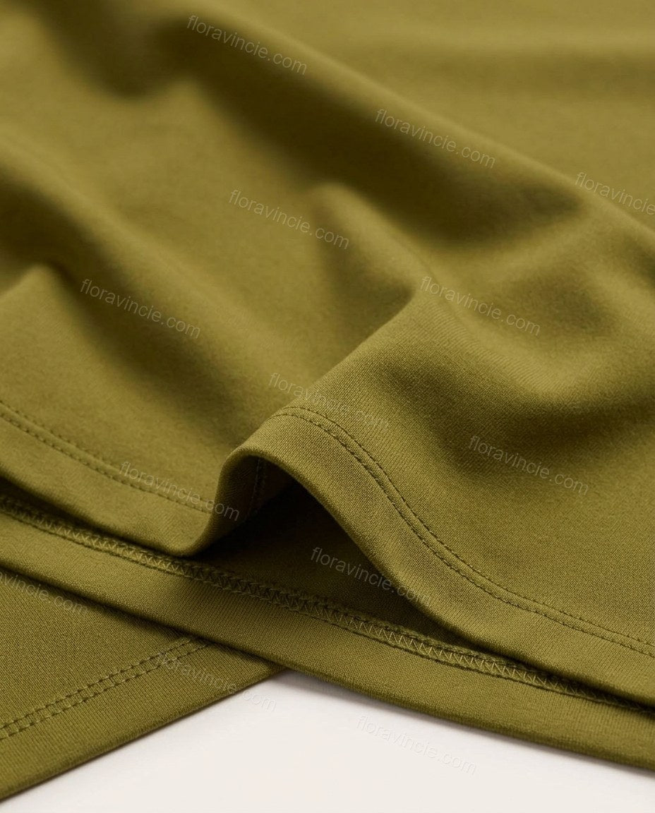 Olive Green Maxi Open-Back Halter Dress, close-up of ruched bodice, open back and halter tie, by Floravincie
