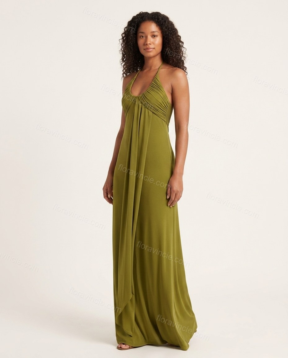 Olive Green Maxi Open-Back Halter Dress, front studio view, by Floravincie