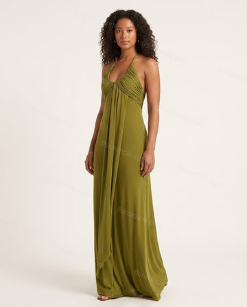 Olive Green Maxi Open-Back Halter Dress, full-length hero view, by Floravincie