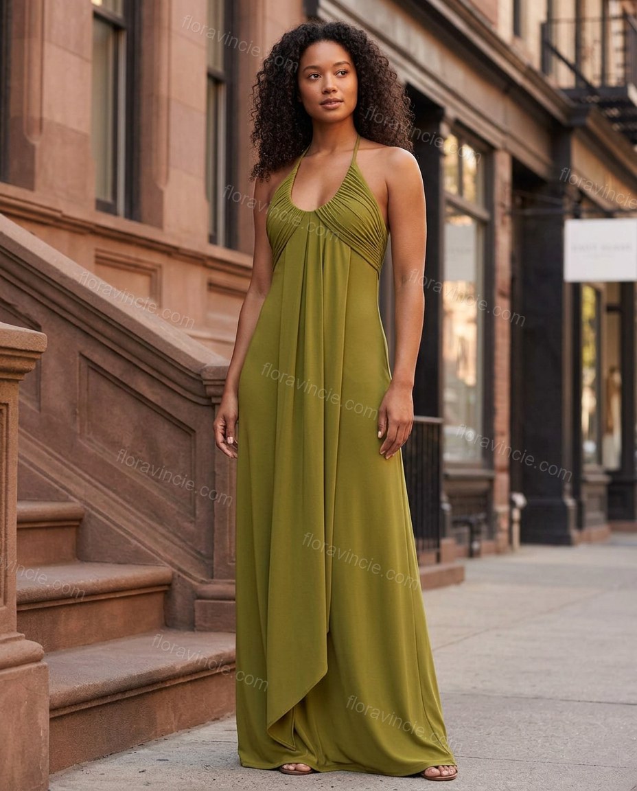 Olive Green Maxi Open-Back Halter Dress, three-quarter brand lifestyle view, by Floravincie
