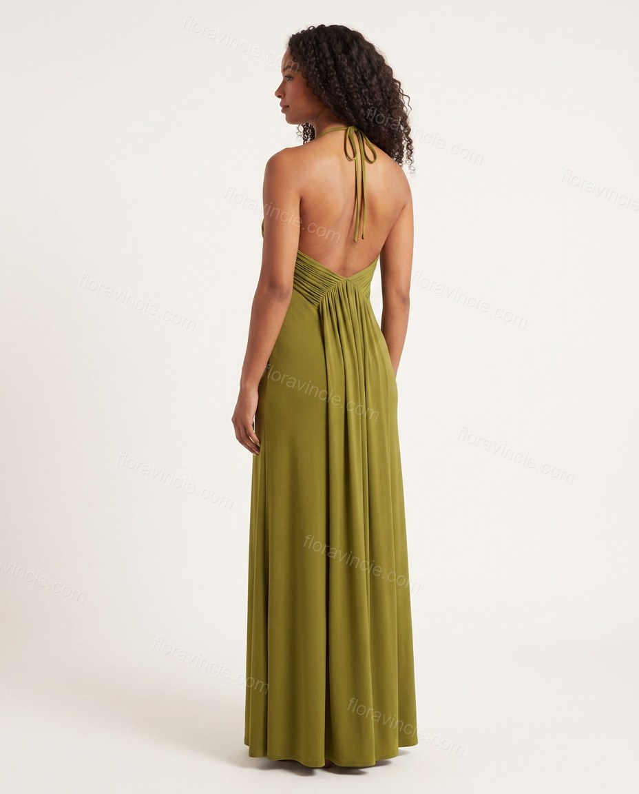 Olive Green Maxi Open-Back Halter Dress, back studio view, by Floravincie