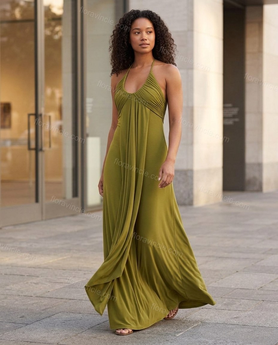 Olive Green Maxi Open-Back Halter Dress, walking lifestyle view, by Floravincie