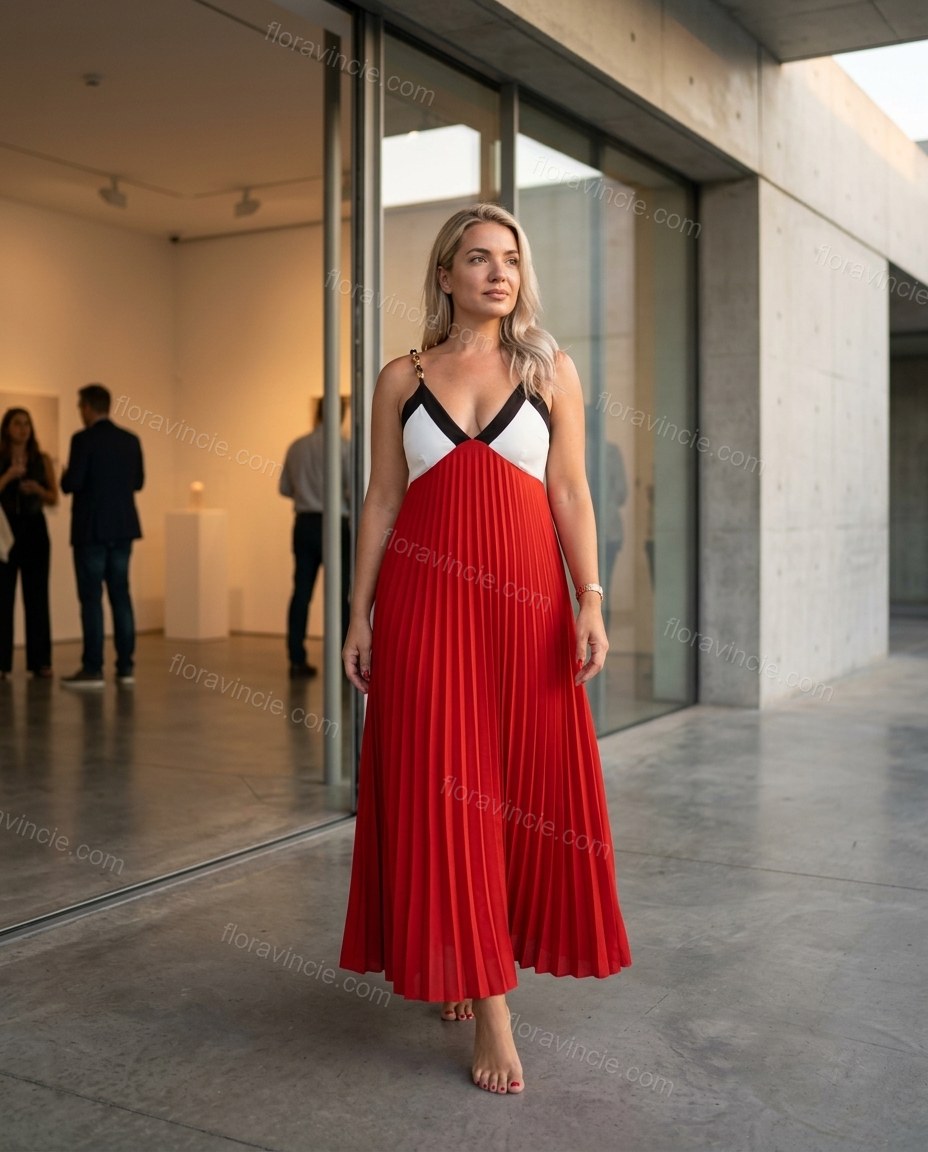 Red Maxi Pleated Dress, alternate use-case lifestyle view, by Floravincie