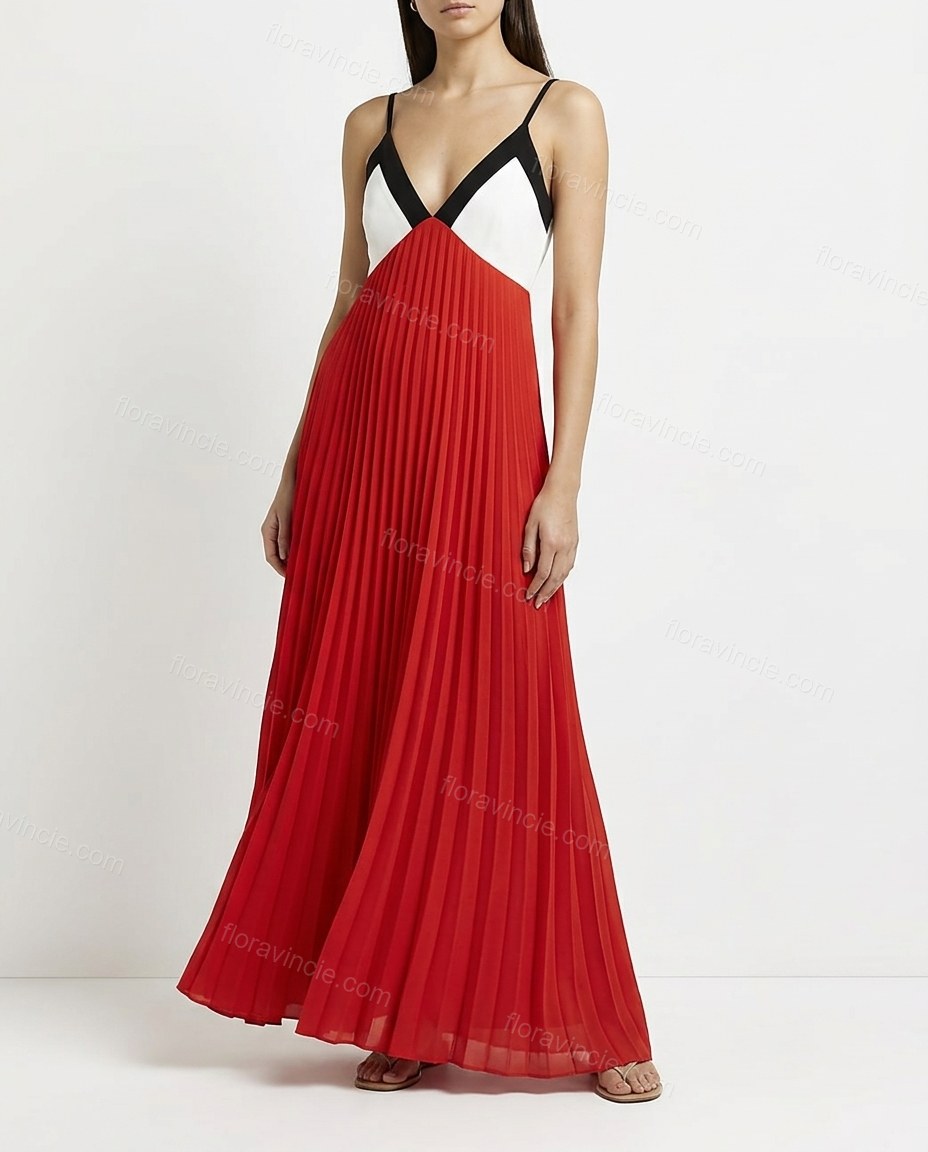 Red Maxi Pleated Dress, front studio view, by Floravincie