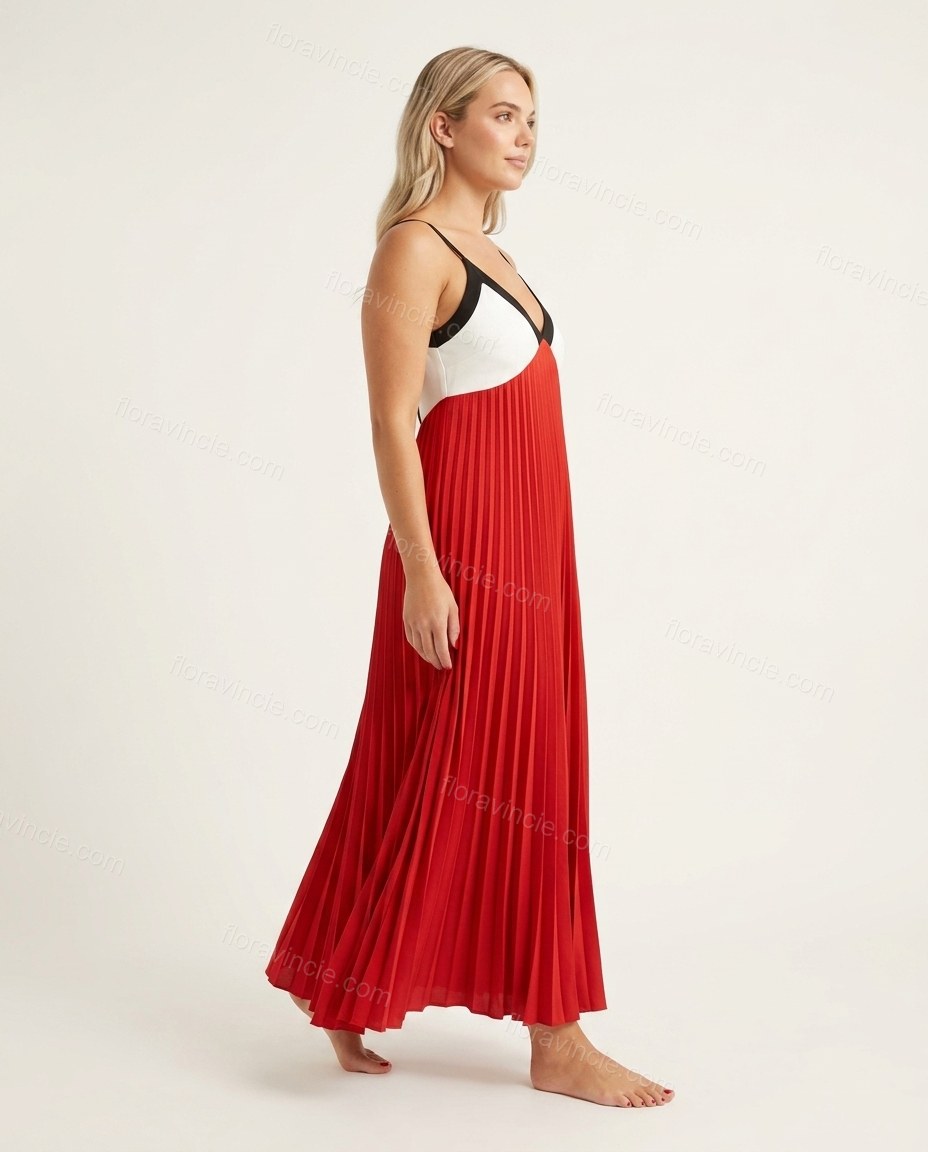 Red Maxi Pleated Dress, side and back studio view showing deep v-back with black shoulder straps, by Floravincie
