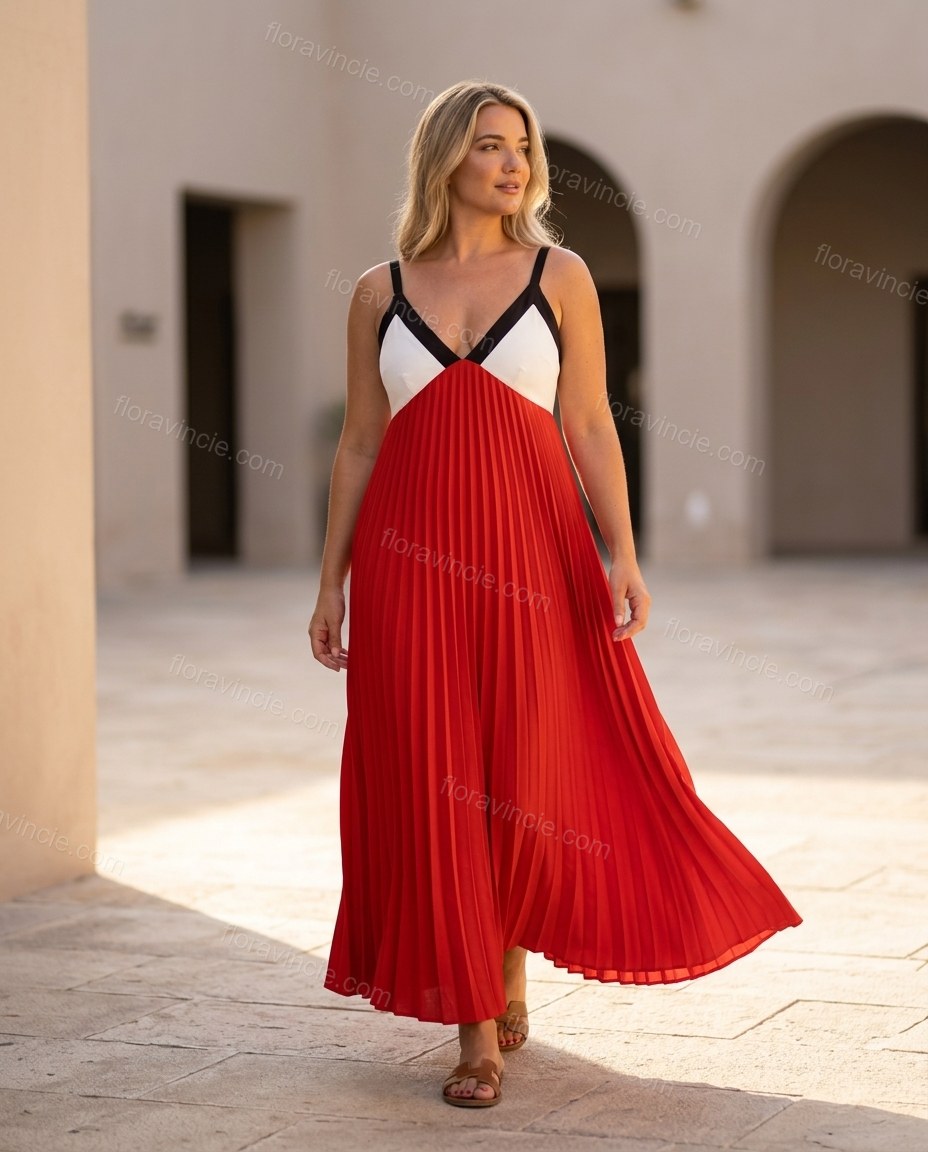 Red Maxi Pleated Dress, three-quarter brand lifestyle view, by Floravincie