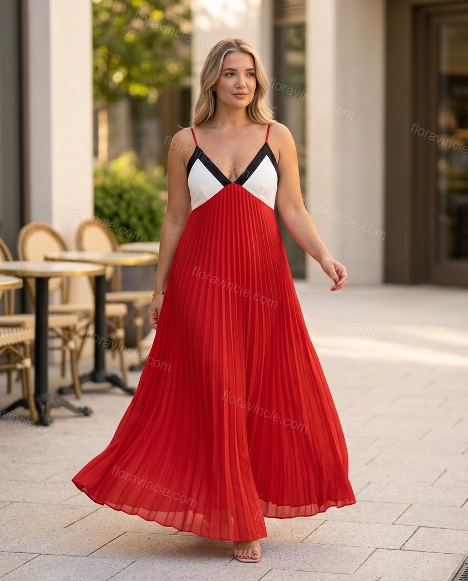 Red Maxi Pleated Dress, walking lifestyle view, by Floravincie