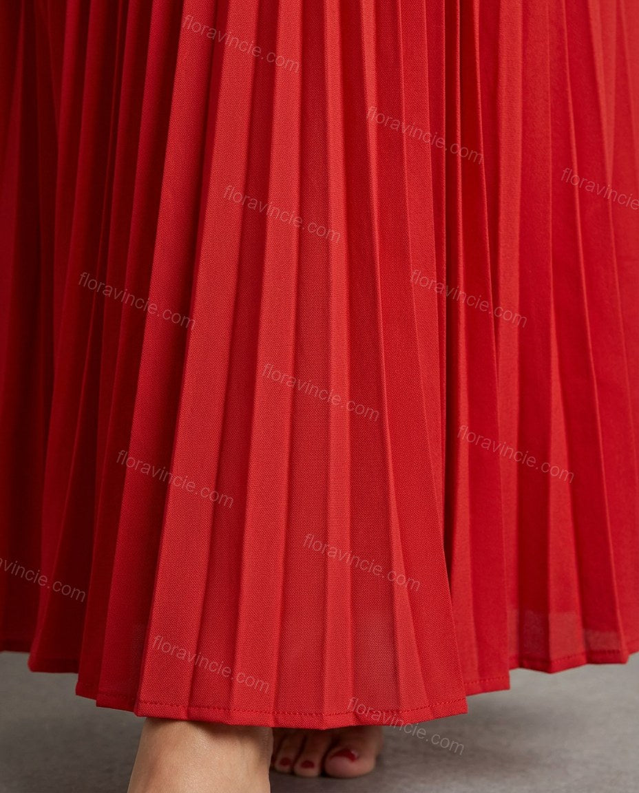 Red Maxi Pleated Dress, close-up of white and black accents, pleated skirt and color block bodice, by Floravincie