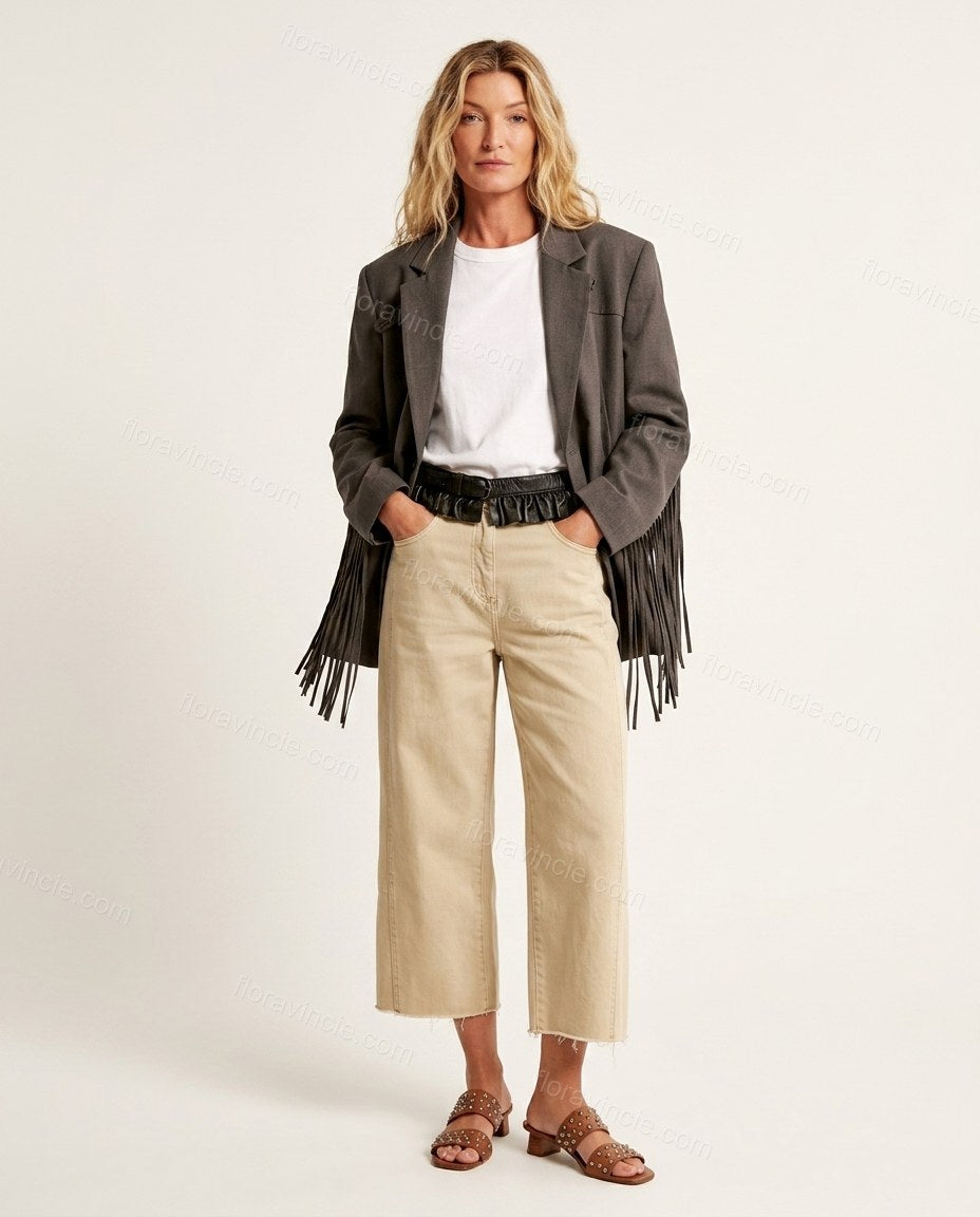 Charcoal Fringe Denim Pants, front studio view, by Floravincie