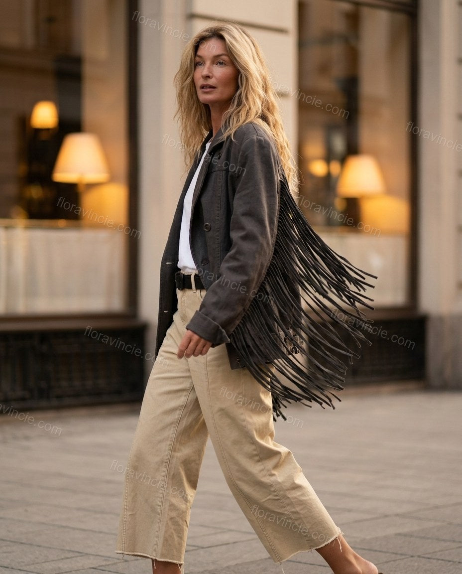 Charcoal Fringe Denim Pants, walking lifestyle view, by Floravincie