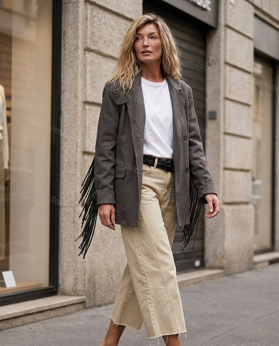 Charcoal Fringe Denim Pants, alternate use-case lifestyle view, by Floravincie