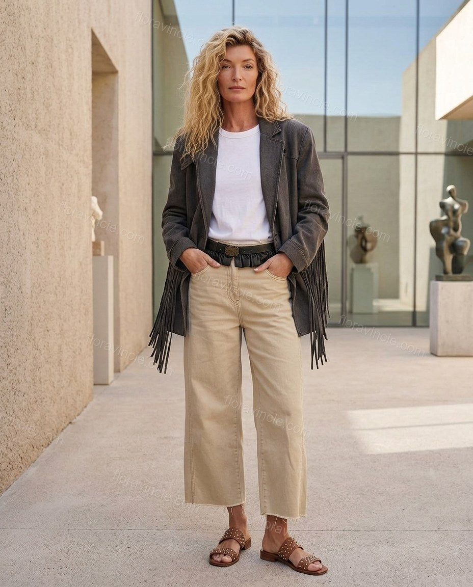 Charcoal Fringe Denim Pants, three-quarter brand lifestyle view, by Floravincie