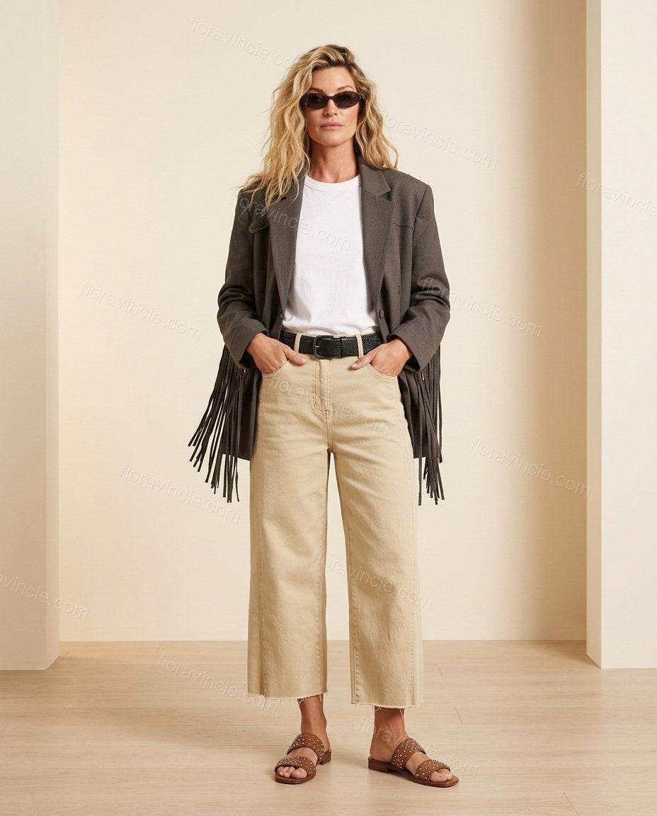 Charcoal Fringe Denim Pants, full-length hero view, by Floravincie