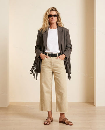Charcoal Fringe Denim Pants, full-length hero view, by Floravincie