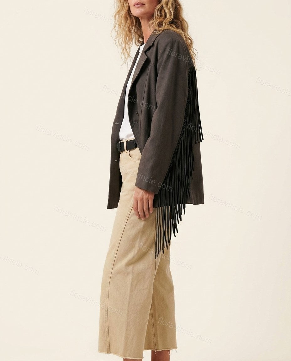 Charcoal Fringe Denim Pants, side and back studio view showing standard denim back pockets and yoke, by Floravincie