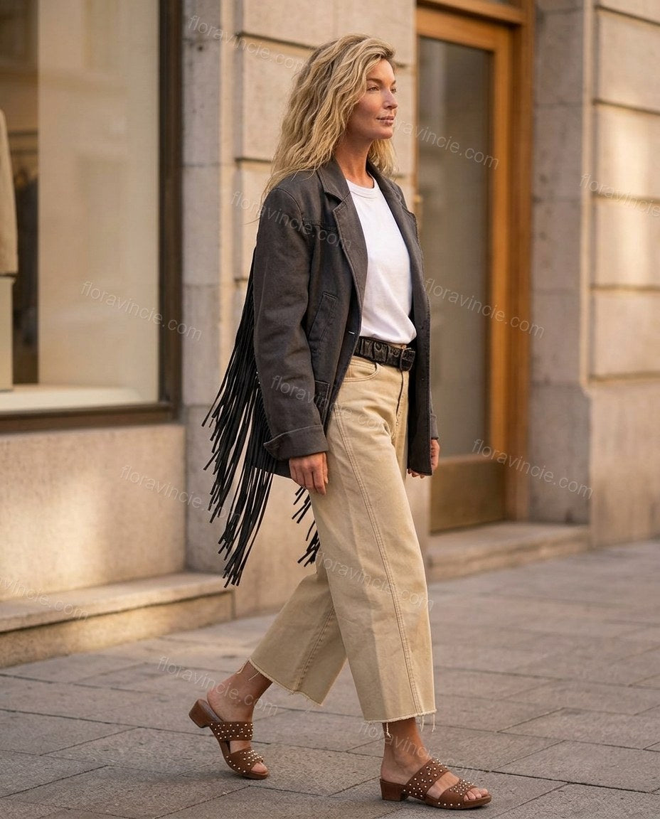 Charcoal Fringe Denim Pants, movement and fit lifestyle view, by Floravincie