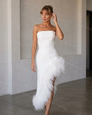 White Strapless Feather-Trim Dress, full-length hero view, by Floravincie