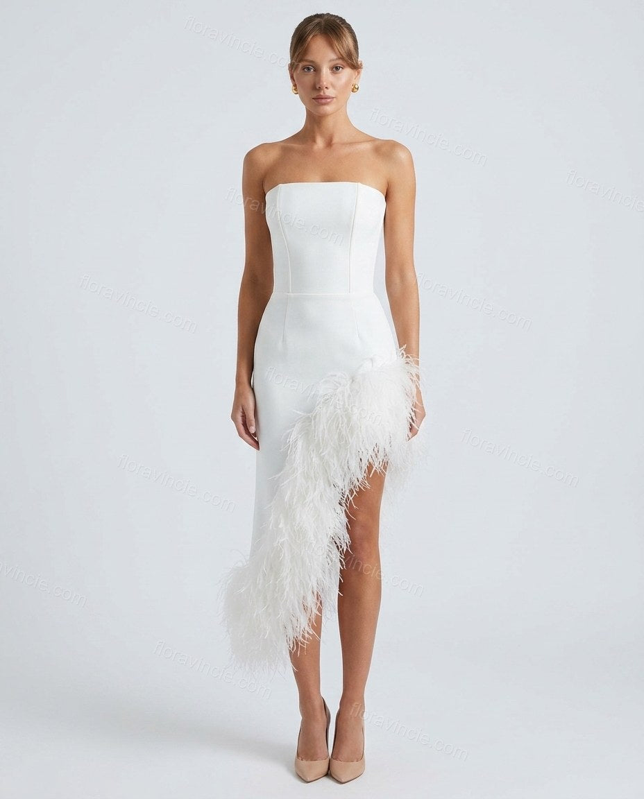 White Strapless Feather-Trim Dress, front studio view, by Floravincie