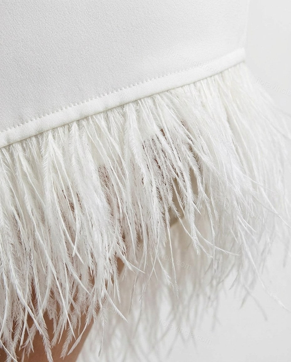 White Strapless Feather-Trim Dress, close-up of feather trim, boning and strapless bodice, by Floravincie