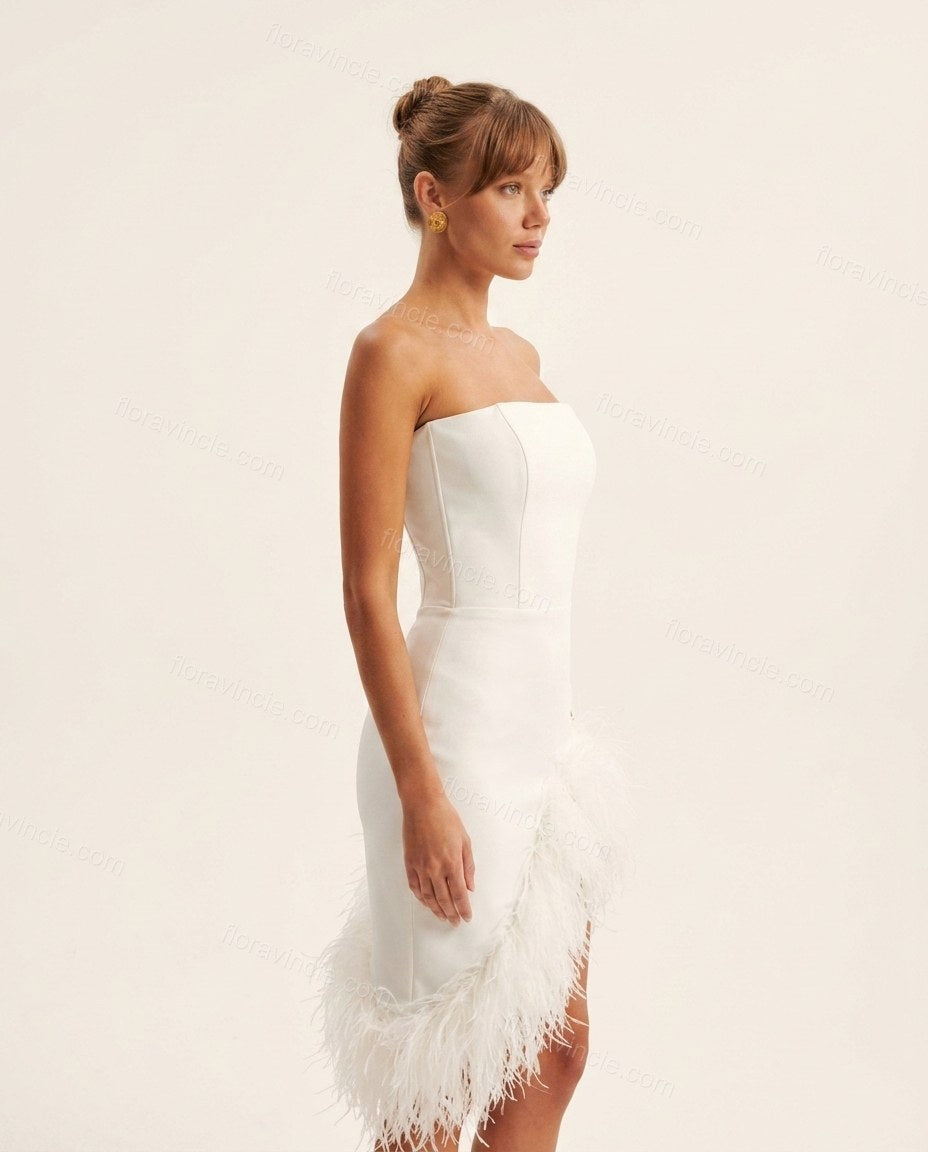 White Strapless Feather-Trim Dress, side and back studio view showing clean back with vertical seams and central zipper, by Floravincie