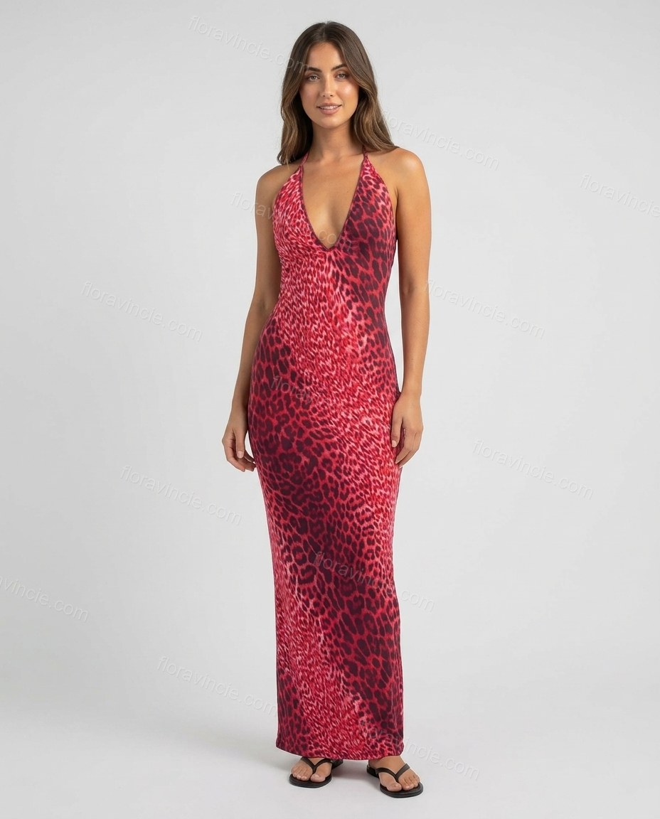 Red Animal Print Maxi Open-Back Dress, front studio view, by Floravincie