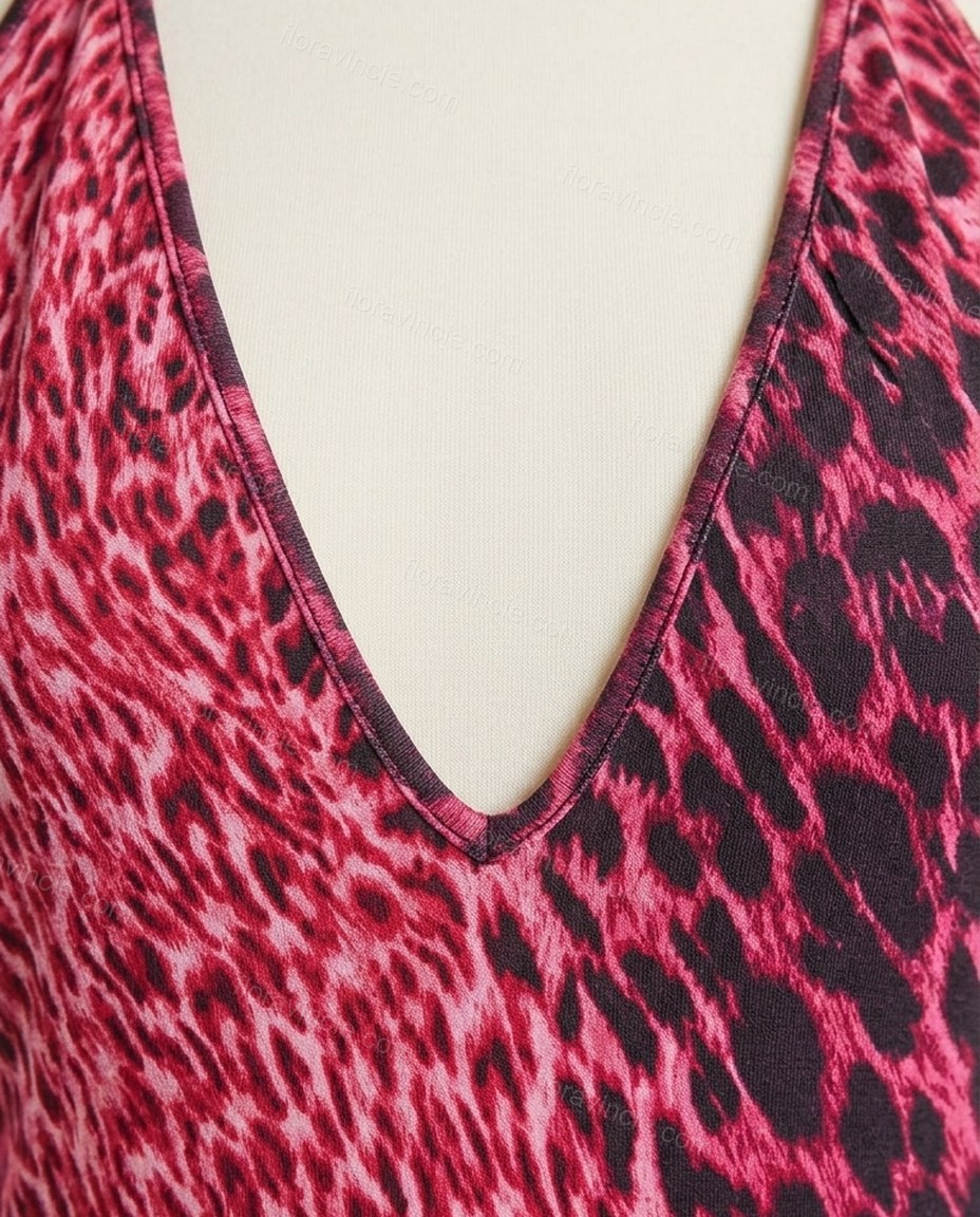 Red Animal Print Maxi Open-Back Dress, close-up of animal print, by Floravincie