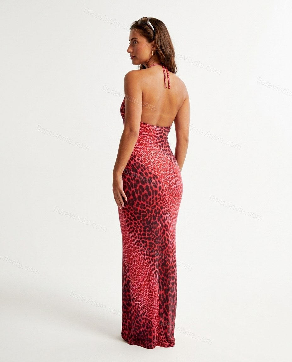 Red Animal Print Maxi Open-Back Dress, back studio view showing open back from mid-back up, with halter straps, by Floravincie