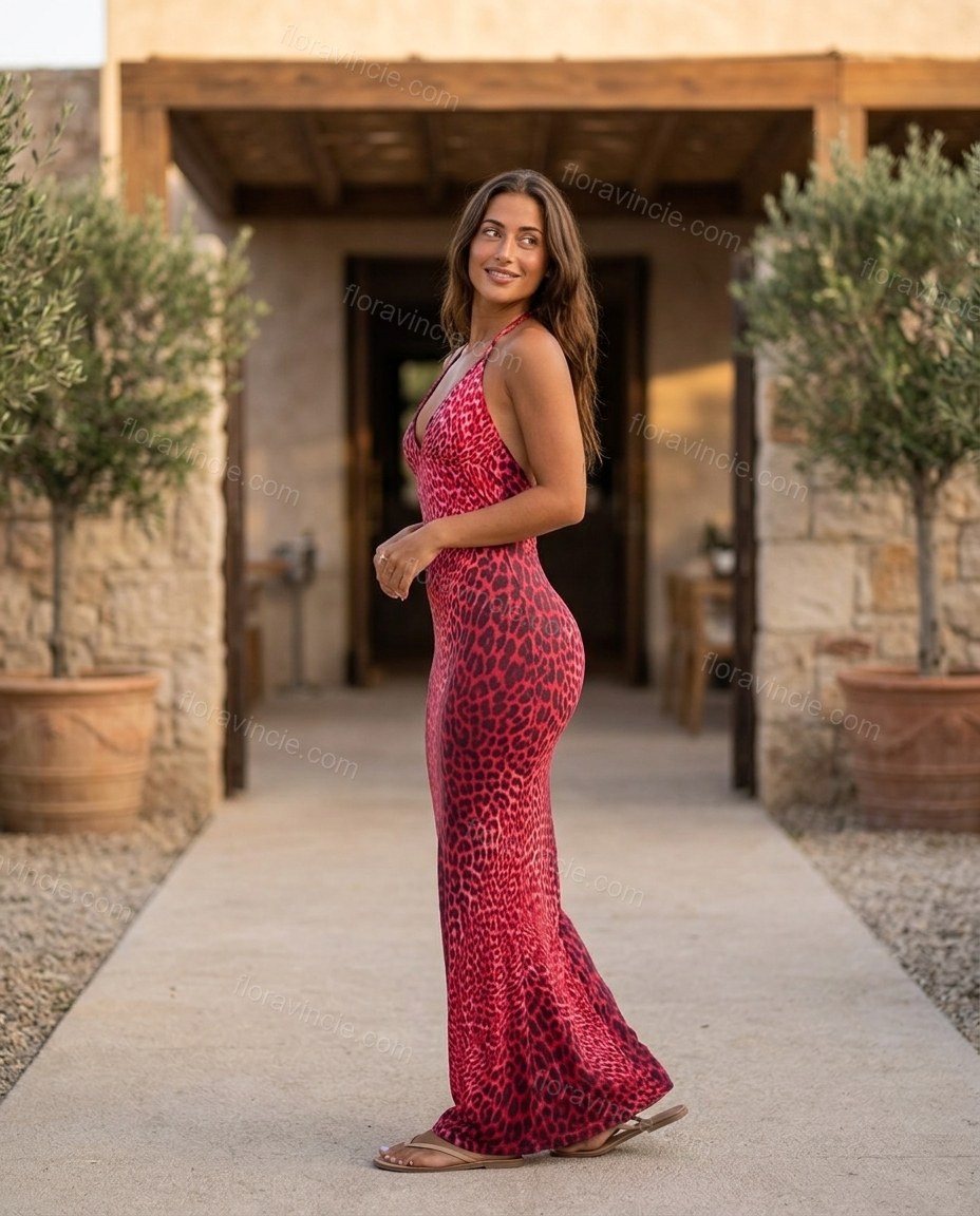 Red Animal Print Maxi Open-Back Dress, three-quarter brand lifestyle view, by Floravincie