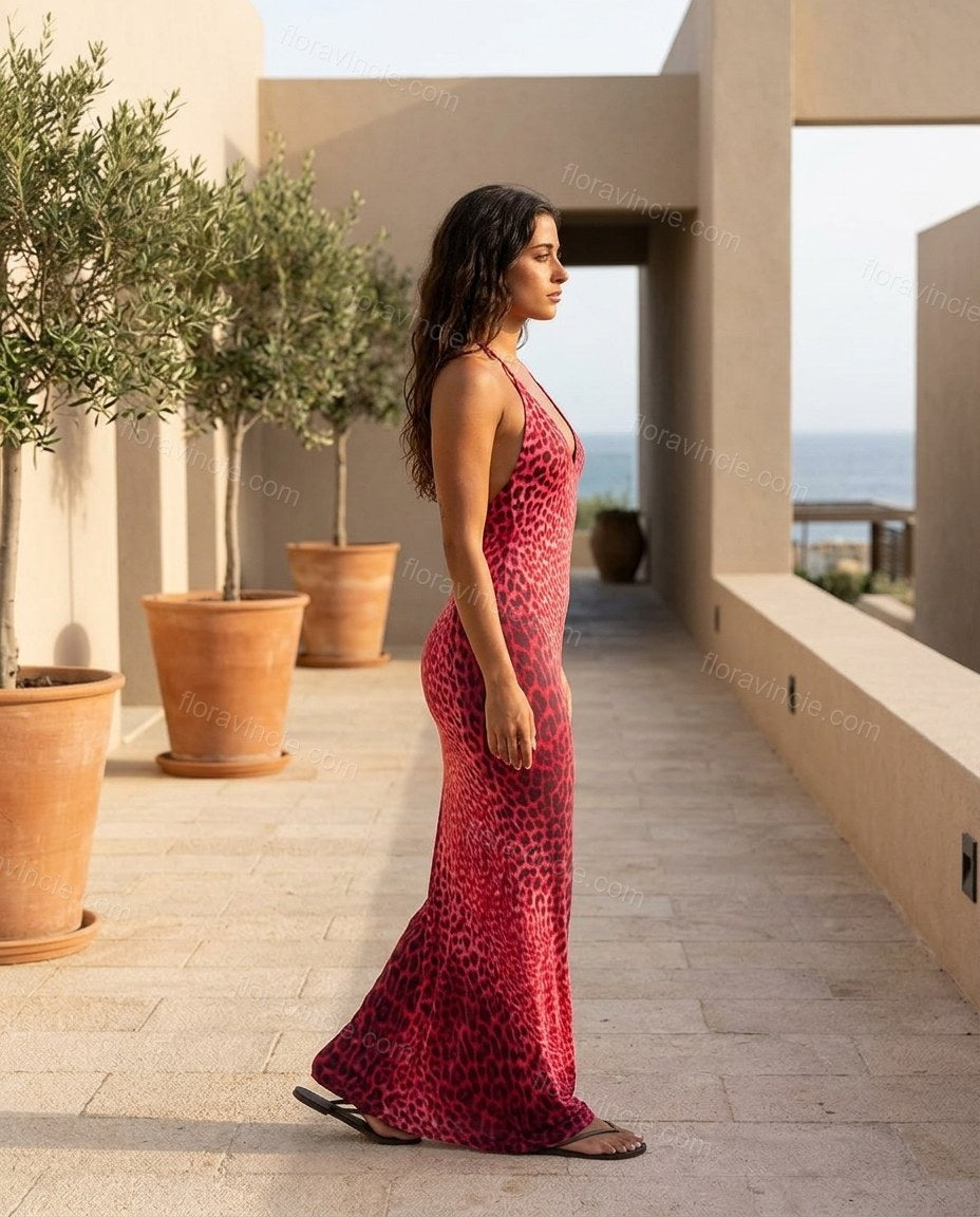 Red Animal Print Maxi Open-Back Dress, movement and fit lifestyle view, by Floravincie